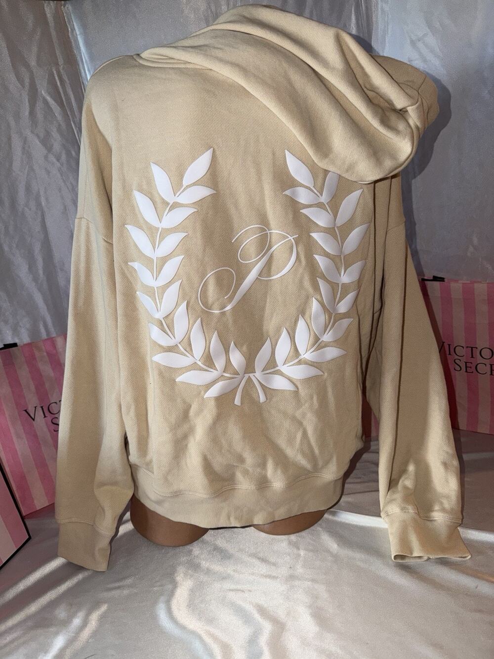 Victorias Secret Pink Hoodie Full Zip Pink Large Beige & White Last One